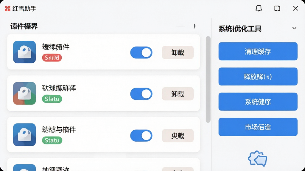 一张展示红雪助手插件管理功能的图片,画面中软件界面显示插件列表,每个插件有开关按钮和卸载选项,右侧有系统优化工具面板,包含清理缓存、释放内存等按钮,排版整齐,风格为清爽浅色UI,细节包括插件图标、状态标签、操作按钮,画质高清,干净,无多余元素