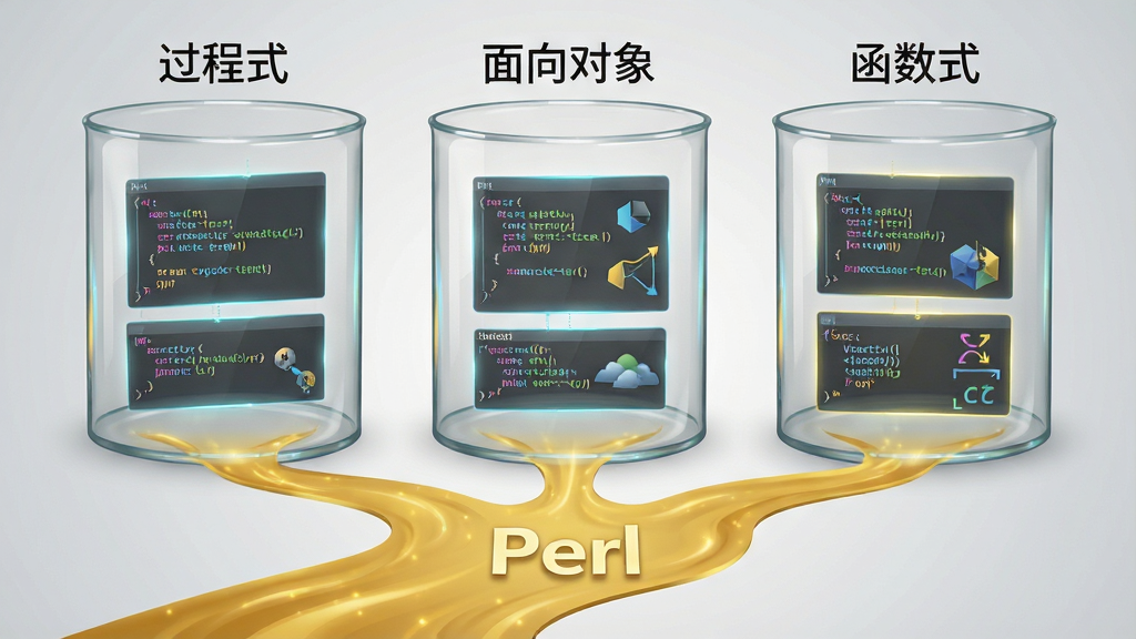 一张展示Perl多范式编程概念的示意图,画面主体为三个并排的透明玻璃容器,分别标注