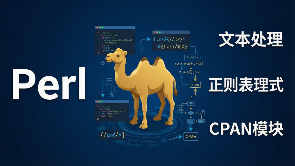 一张展示Perl编程语言核心概念的横版宣传图,画面主体为深蓝色科技感背景,中央放置一个立体的金色骆驼图标,骆驼周围环绕着代码片段、正则表达式符号和文本处理流程图,左侧展示