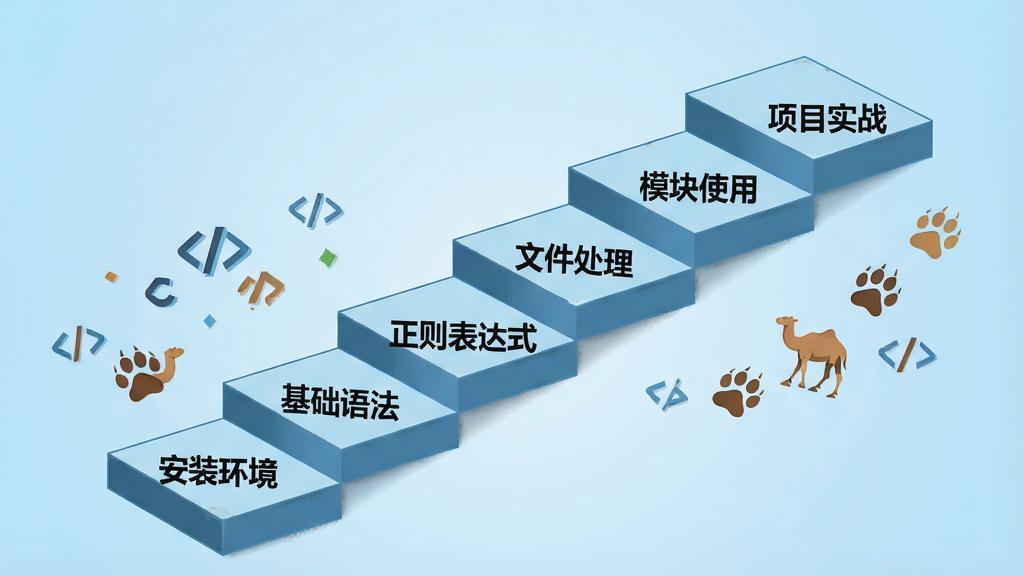 一张展示Perl编程学习路径的信息图,画面主体为一条从左下角延伸到右上角的阶梯路径,阶梯上依次标注