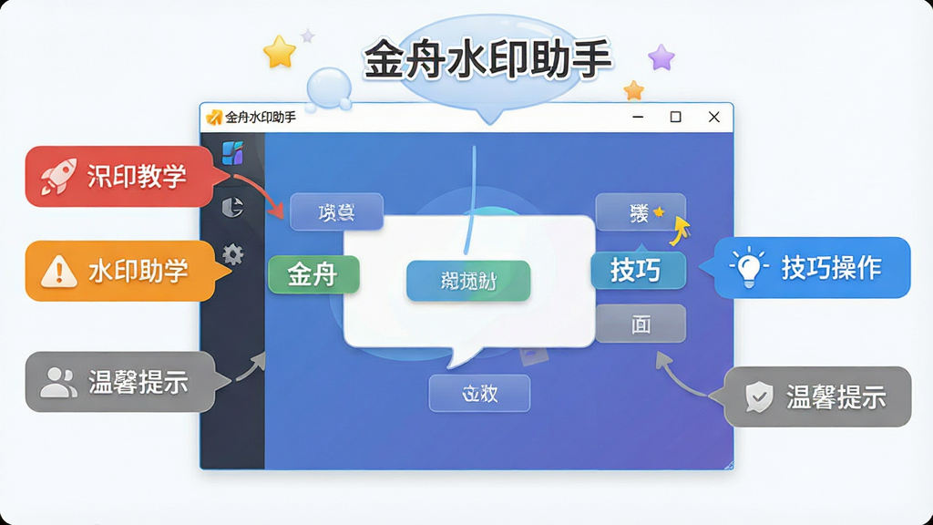一张金舟水印助手新手操作提示图,主体为软件界面与提示气泡结合,布局为软件窗口居中、多个彩色提示标签指向不同功能按钮,排版清晰,风格为友好教学风,细节包括红色警告图标、蓝色技巧灯泡图标、灰色温馨提示框,画面中软件标题显示“金舟水印助手”,画质高清,干净,无多余元素