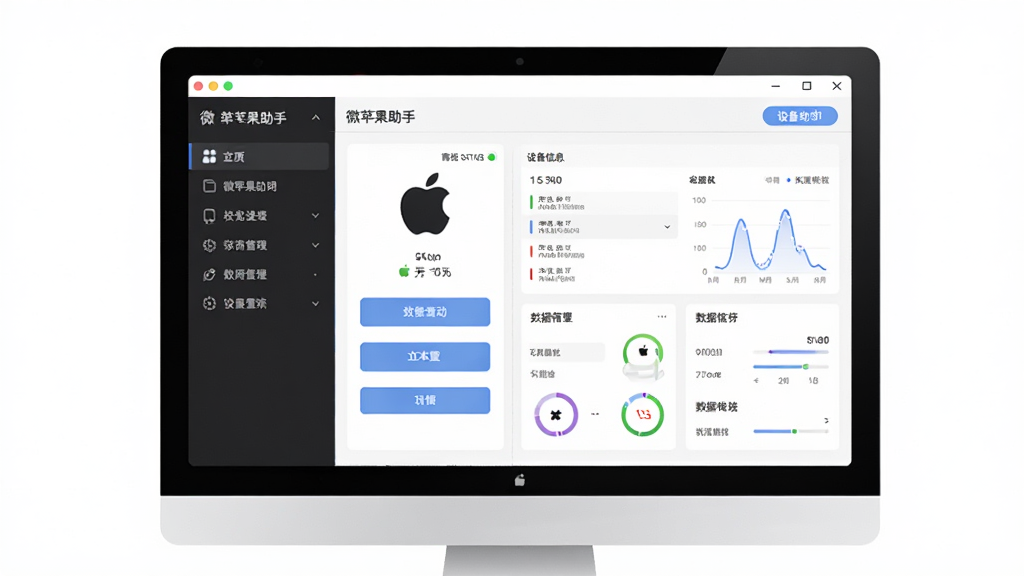 微苹果助手软件主界面全貌展示,主体为电脑屏幕上打开的微苹果助手窗口,布局分为左侧功能导航栏和右侧设备信息展示区,排版清晰有序,风格为现代简约科技风,细节包括设备连接状态图标、功能按钮、数据统计面板,画质高清,画面干净,无多余元素