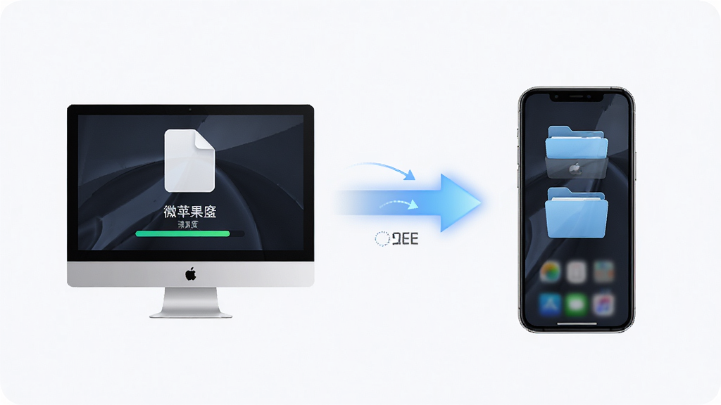微苹果助手文件传输功能展示,主体为电脑和iPhone手机之间的文件传输示意图,布局为左右两侧设备图标中间带有传输箭头,风格为简约科技风,细节包括文件图标、传输速度显示、进度条、文件夹图标,画质高清,画面干净无多余元素