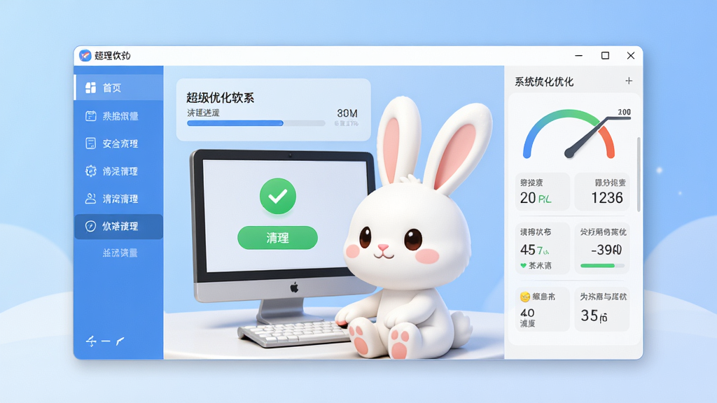 超级兔子软件主界面全景展示,画面中央是软件主窗口,左侧为功能导航栏,右侧为系统优化仪表盘,主体为一只可爱的白色卡通兔子形象坐在电脑旁,布局采用居中对称式排版,风格为清爽科技感UI风格,细节包括进度条、清理按钮、绿色对勾图标、系统状态数值,背景为浅蓝渐变,画质高清干净无多余元素