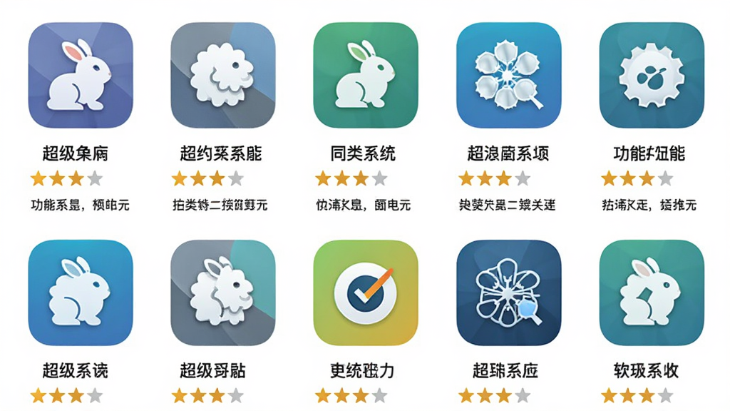 超级兔子与同类系统工具对比展示图,画面主体为多款软件图标并排排列,布局为横向网格排版,风格为简约商务风,细节包括软件名称标签、星级评分、功能关键词,背景为纯白,画质清晰干净无多余元素