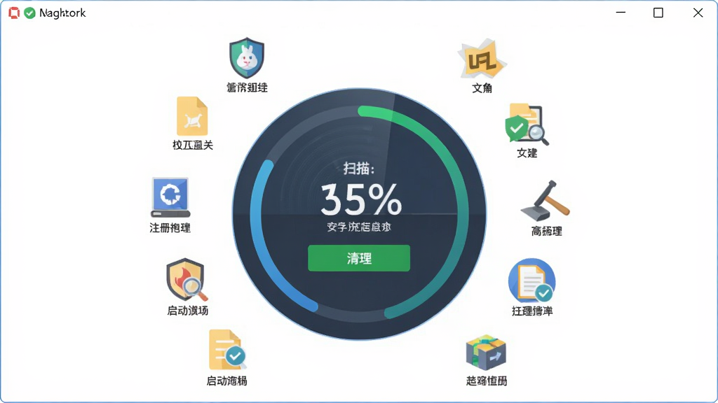 超级兔子一键体检功能界面,画面主体为软件窗口中央的圆形扫描进度盘,周围环绕垃圾文件、注册表、启动项等图标,布局为放射状环绕排版,风格为扁平化科技风,细节包括扫描百分比数字、绿色安全标识、清理按钮,背景为纯白简洁,画质清晰干净无多余元素