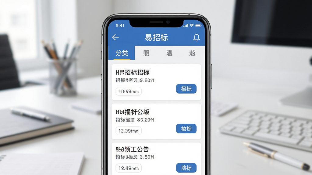 易招标APP主界面展示,手机屏幕居中,屏幕内显示清晰的招标公告列表和分类导航栏,背景是简洁的办公室桌面,主体为手机和屏幕内容,布局居中对称,排版简洁明快,风格商务现代,细节包括清晰的文字标题和图标按钮,画质高清,干净,无多余元素