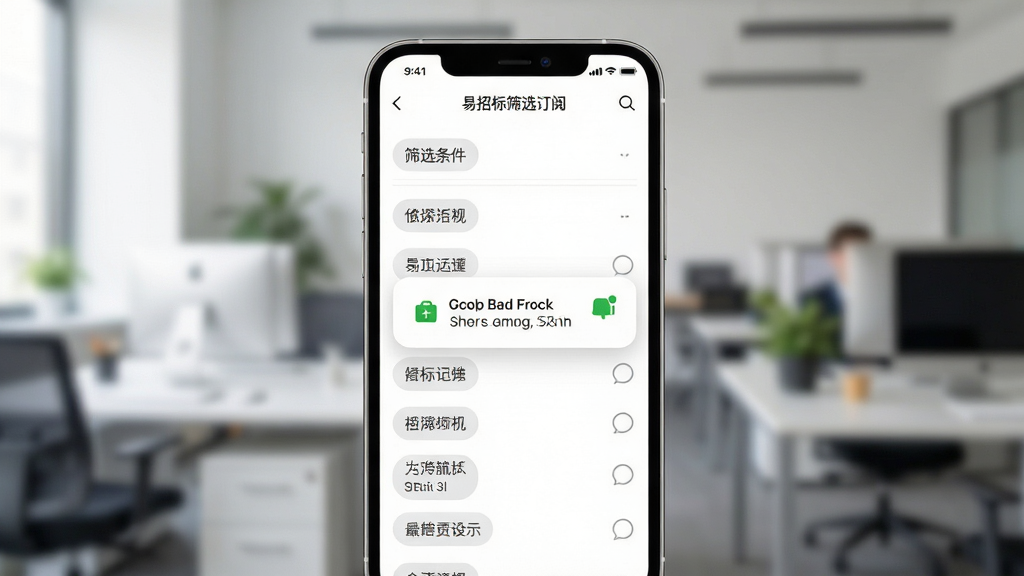 易招标智能筛选订阅界面,手机屏幕特写,屏幕内展示筛选条件选项和推送通知弹窗,背景是模糊的办公环境,主体为手机屏幕内容,布局居中,排版清晰,风格简约实用,细节包括筛选项标签和通知图标,画质高清,干净,无多余元素