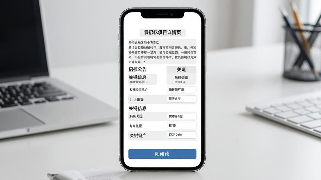 易招标项目详情页面展示,手机屏幕放大显示招标公告的详细文本内容和关键信息字段,背景是简洁的桌面,主体为手机和屏幕内的文档样式,布局居中,排版规整,风格商务办公,细节包括清晰的信息条目和阅读按钮,画质高清,干净,无多余元素