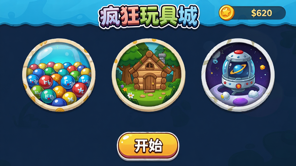 ��Ϸ�ؿ�ѡ����棬��Ļ����ʾ���Բ�ιؿ�ͼ�꣬ÿ��ͼ�������ͬ��������޻��������纣����ء�ɭ��С�ݡ�̫�ղյȣ����涥���С������߳ǡ���־�ͽ���������ײ��п�ʼ��ť�����岼�ֶԳƣ����ͨ��࣬ɫ�ʻ��ã����ʸɾ�