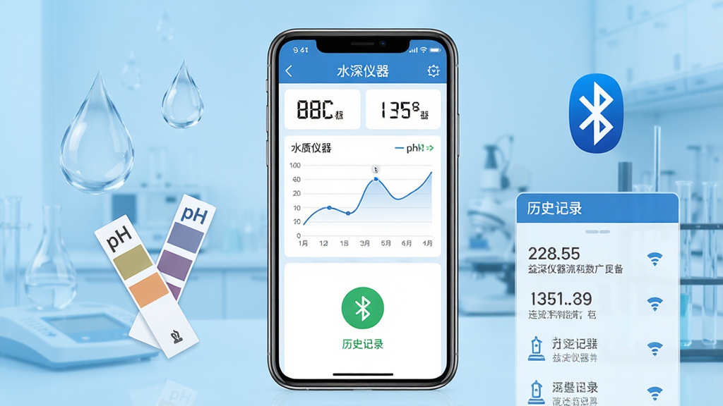 益深仪器手机应用界面展示,画面中央是一部竖屏智能手机,屏幕内显示水质检测数据图表与设备连接状态,背景为浅蓝色渐变实验室环境,左侧漂浮半透明的水滴与pH试纸图形,右侧展示蓝牙连接图标与历史记录列表,整体布局采用居中构图,风格简洁科技感,细节包含数字读数、折线图、设备名称标签,画质清晰,干净,无多余元素