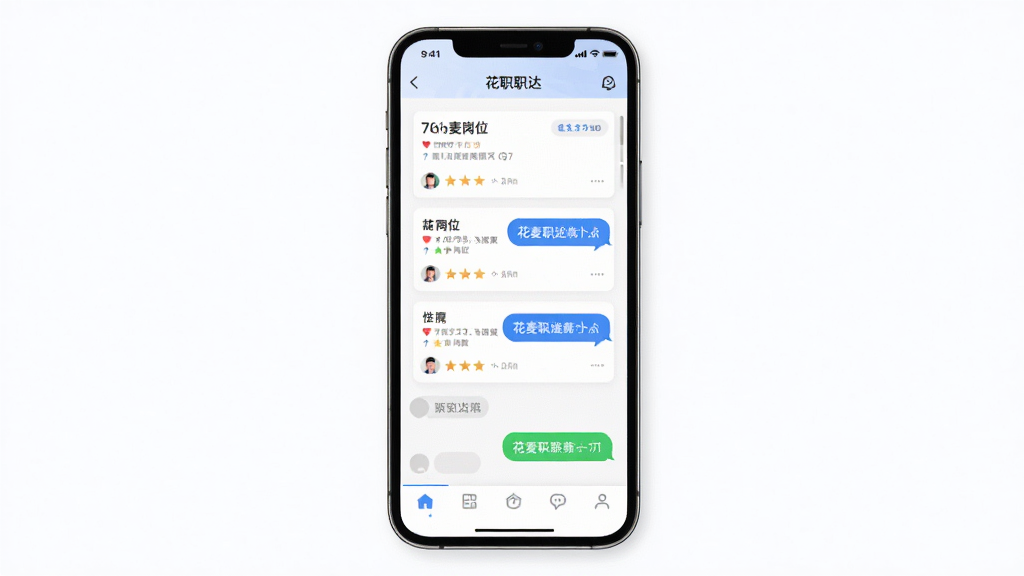 花麦职达软件主界面展示,画面中央放置一部智能手机,屏幕内呈现兼职岗位列表与聊天沟通界面,主体清晰突出,布局采用居中构图,排版简洁明快,风格为现代扁平化科技风,细节包括岗位卡片、消息气泡、底部导航栏图标,画质高清,画面干净,无多余元素。
