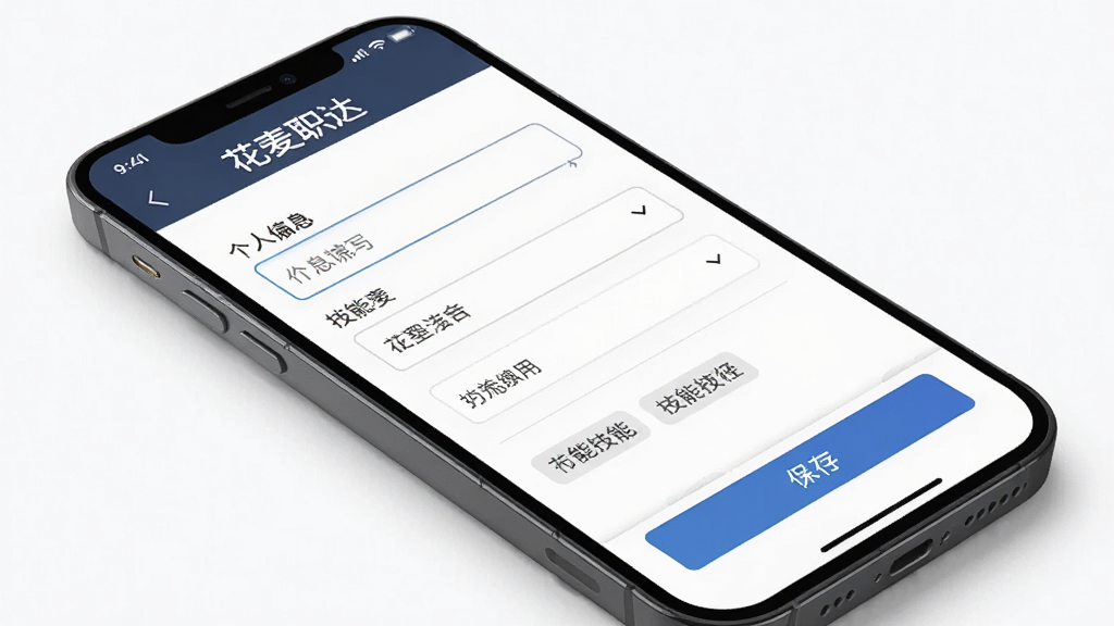 花麦职达个人简历编辑页面,手机屏幕内展示个人信息填写表单与技能标签,主体为手机界面,布局采用分组式表单排版,风格为简洁商务风,细节包括输入框、下拉选项与保存按钮,画质清晰,画面干净,无多余元素。