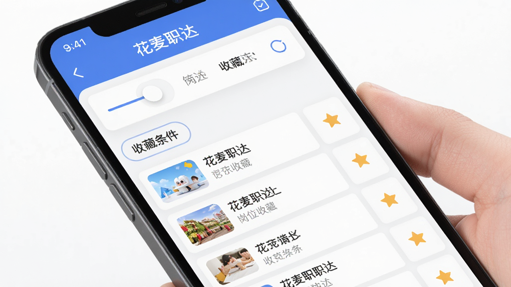 花麦职达岗位筛选与收藏界面,手机屏幕内展示筛选条件选项与收藏列表,主体为手机操作界面,布局采用顶部筛选栏加下方列表排版,风格为现代扁平化设计,细节包括滑块、标签与星标图标,画质高清,画面干净,无多余元素。