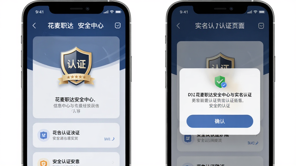 花麦职达安全中心与实名认证页面,手机屏幕内展示认证徽章与安全提示弹窗,主体为手机界面,布局采用卡片式信息排版,风格为稳重安全风,细节包括盾牌图标、文字说明与确认按钮,画质清晰,画面干净,无多余元素。