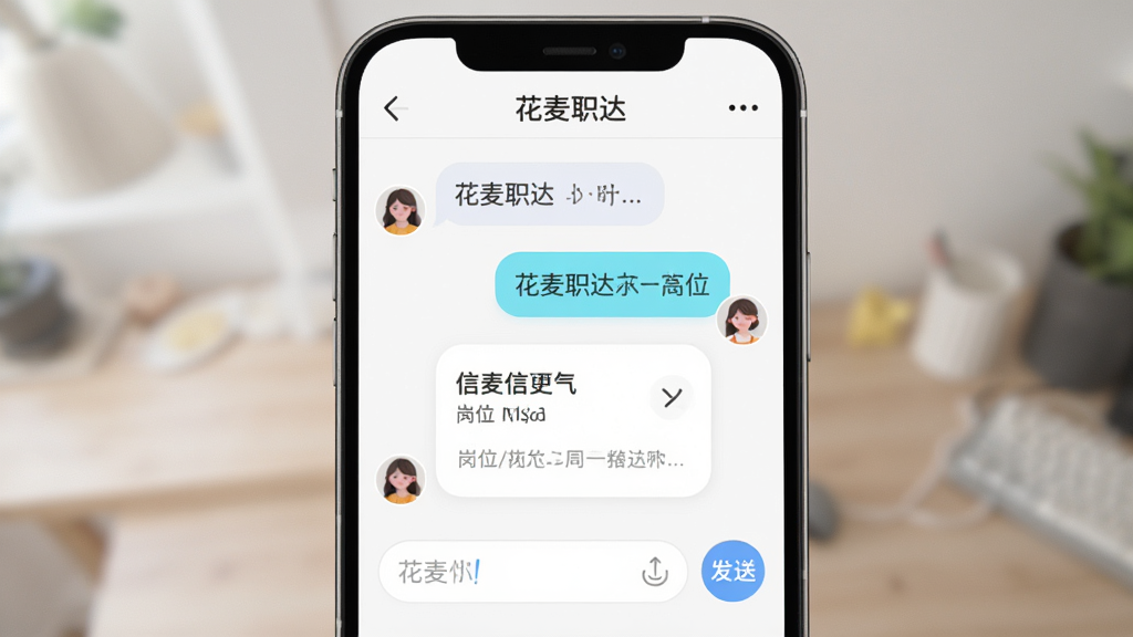 花麦职达聊天沟通界面,手机屏幕内显示对话气泡与岗位信息卡片,主体为手机聊天窗口,布局采用左右对话式排版,风格为柔和圆角社交界面,细节包括输入框、发送按钮与头像图标,画质高清,画面干净,无多余元素。