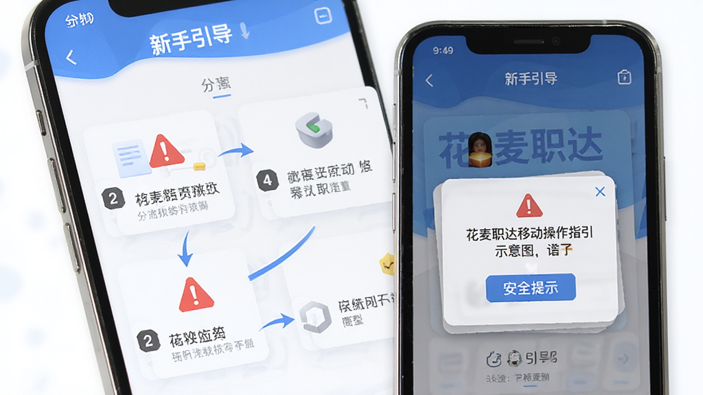花麦职达移动端操作指引示意图,画面展示手机屏幕内新手引导步骤与安全提示弹窗,主体为手机界面特写,布局采用分步图示排版,风格为清晰明了的教程风,细节包括箭头指引、文字说明与警示图标,画质高清,画面干净,无多余元素。