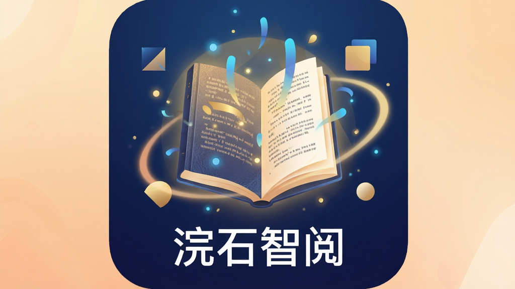 画面主体为一本悬浮在空中的发光电子书,书页间飘出文字与光点,布局采用中心对称构图,电子书位于画面正中央,四周环绕柔和的暖色调光晕与抽象几何图形。排版上在画面底部居中位置用白色无衬线字体写