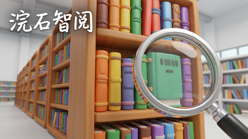 画面主体为一个巨大的虚拟书架,书架上摆满色彩缤纷的书籍,书架前方有一个放大镜正在聚焦其中一本书。布局采用纵深透视构图,书架向远处延伸,放大镜位于画面右侧前景。排版上在画面左上角用白色手写体写