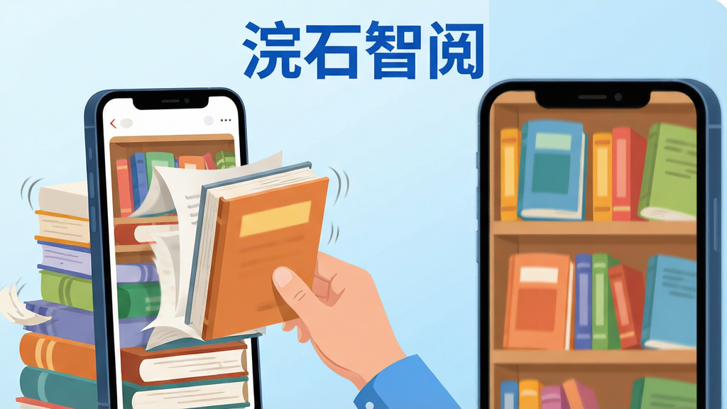 画面主体为一部智能手机屏幕显示书架界面,屏幕中有一只手正在将一本纸质书拖入手机屏幕内。布局采用左右分栏构图,左侧为纸质书堆,右侧为手机特写。排版上在画面顶部居中位置用蓝色粗体写
