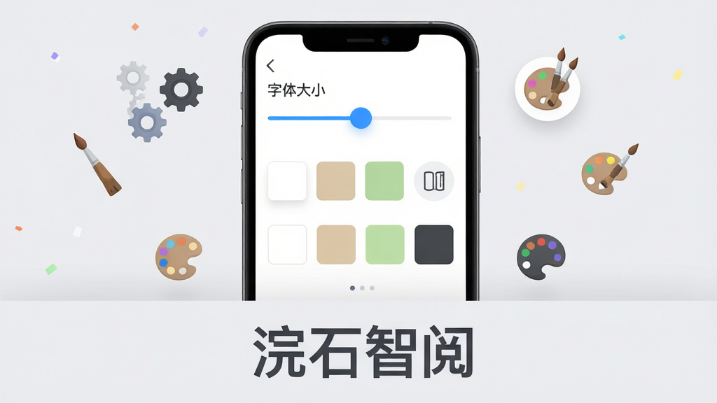 画面主体为一个手机屏幕展示阅读设置面板,面板上有字体大小滑块、背景颜色色块、翻页效果图标等控件。布局采用居中构图,手机屏幕占据画面中心,周围漂浮着齿轮与调色盘图标。排版上在画面底部居中位置用深灰色字体写