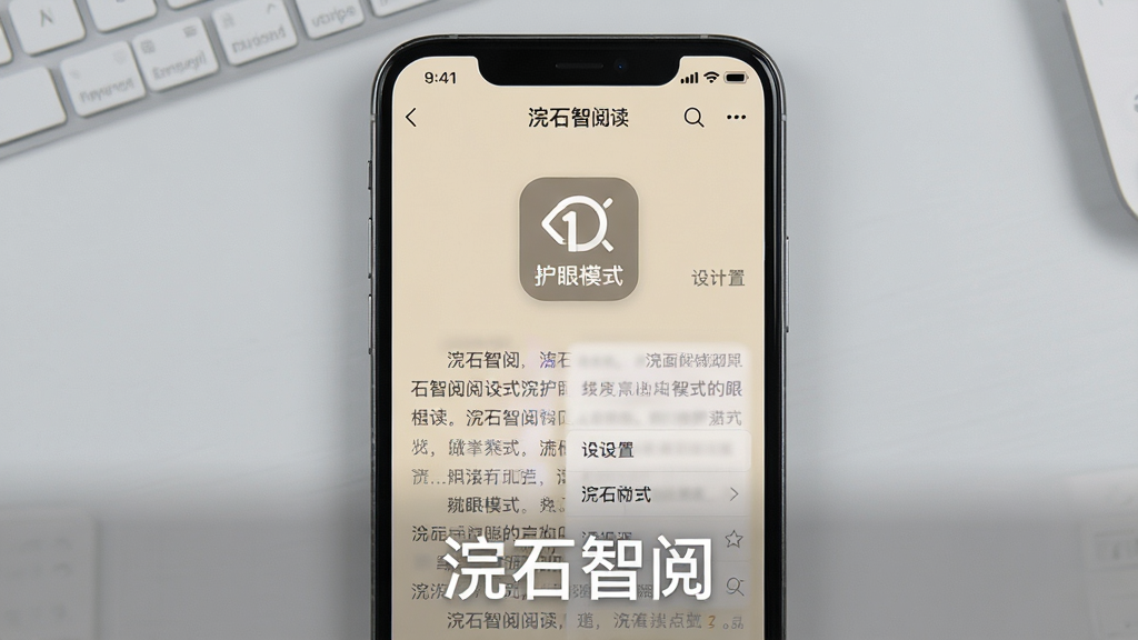 画面主体为一部手机屏幕显示浣石智阅阅读界面,界面中有醒目的护眼模式图标与设置菜单。布局采用居中构图,手机竖屏展示,屏幕内文字清晰可见。排版上在画面底部居中位置用白色字体写