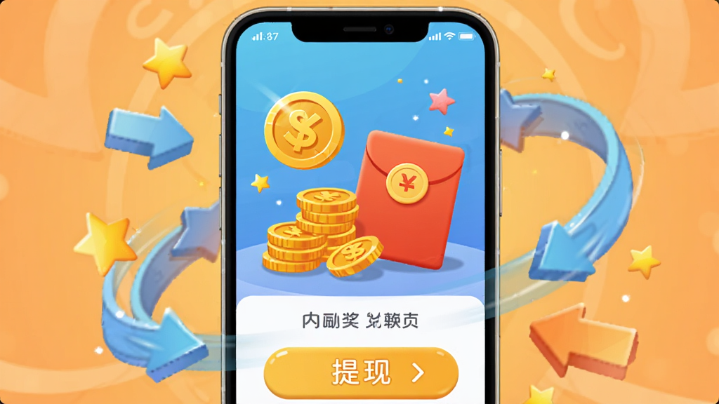 快画箭头软件内奖励兑换页面展示,画面中一部手机屏幕显示金币图标和现金红包,周围环绕箭头图案和星星特效,背景为暖色调,布局为居中展示手机界面,风格为卡通插画风,细节包含金币堆叠和提现按钮,画质高清干净无多余元素