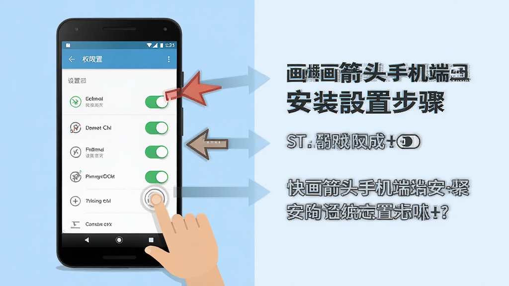 快画箭头手机端安装设置步骤示意图,画面中一部安卓手机展示设置菜单中的权限开关界面,旁边有箭头指示操作步骤,背景为浅蓝色,布局为左右分栏展示手机和文字说明,风格为教程类扁平插画,细节包含权限开关图标和手指点击动作,画质高清干净无多余元素