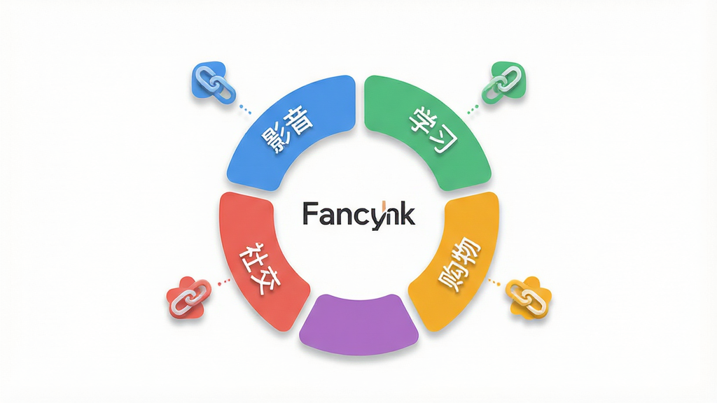 画面主体为“FancyLink”应用内的智能分类界面,屏幕中央展示一个由多个彩色标签组成的环形图,标签上分别写着“影音”“学习”“购物”“社交”等字样,环形图周围有小型链接图标飞入对应的标签区域;布局为居中放射状,风格为清新扁平化,细节上标签带有轻微投影,背景为纯白,画质高清,文字清晰,无多余装饰元素。