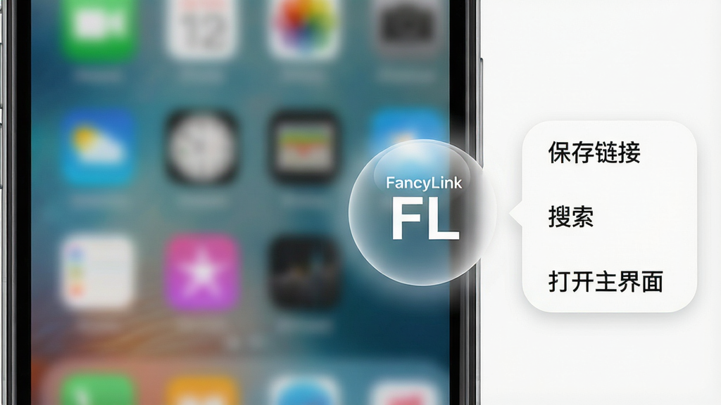 画面主体为“FancyLink”的悬浮球操作演示,手机屏幕右侧边缘有一个半透明圆形悬浮球,球体上印有“FancyLink”的字母缩写“FL”,悬浮球旁展开一个气泡菜单,菜单中列有“保存链接”“搜索”“打开主界面”三个选项;布局为手机界面截图风格,风格为现代简约,细节上悬浮球带有微弱光晕,背景为手机桌面壁纸,画质高清,文字清晰,画面干净。