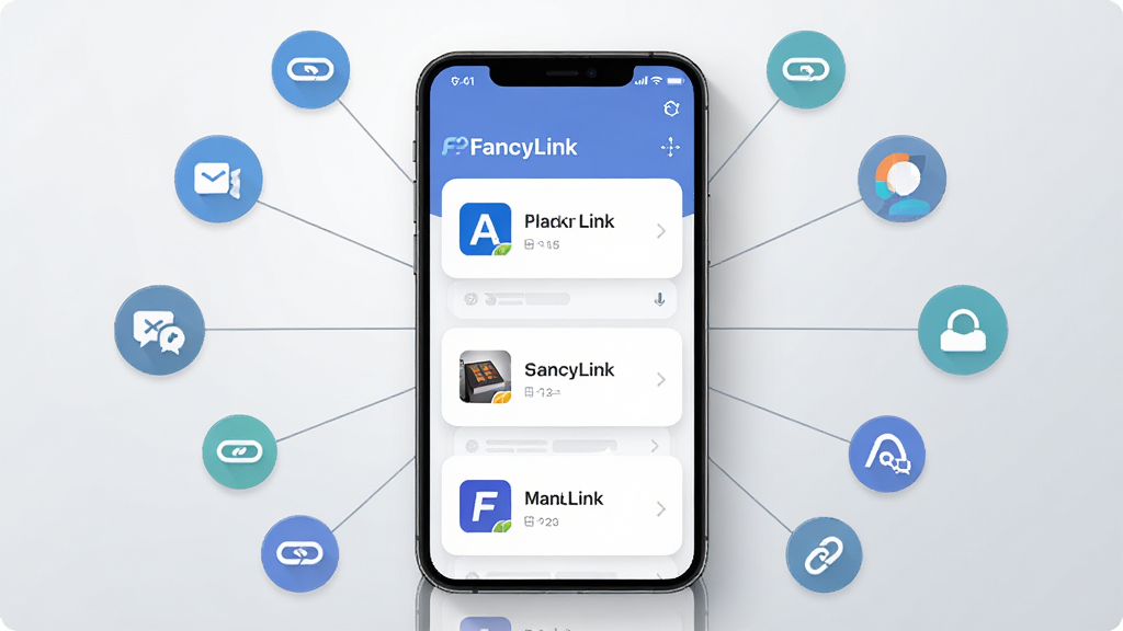 画面主体为一部现代智能手机,手机屏幕中显示着以“FancyLink”命名的链接管理应用界面,界面布局为卡片式列表,每张卡片上带有网站图标和短标题;手机周围环绕着由细线连接的圆形图标,代表不同来源的网址链接,整体呈放射状布局;风格为扁平化科技感,细节上手机有轻微阴影,背景为浅灰渐变,画面干净无多余元素,画质为高清2K,文字清晰可辨。