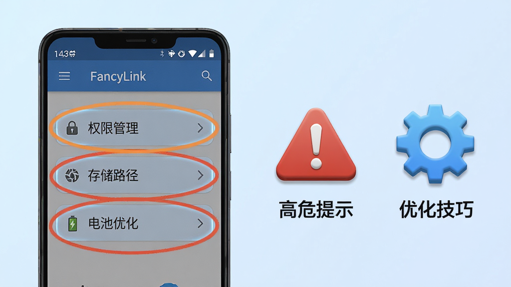 画面主体为一部安卓手机屏幕显示“FancyLink”的设置界面,界面中“权限管理”“存储路径”“电池优化”三个选项被高亮圈出;手机旁放置一个红色警示图标和一个蓝色齿轮图标,分别代表高危提示和优化技巧;布局为左右分栏,左侧手机右侧图标;风格为信息图式,细节上图标有轻微立体感,背景为浅蓝色渐变,画质高清,文字清晰,画面干净无杂乱元素。