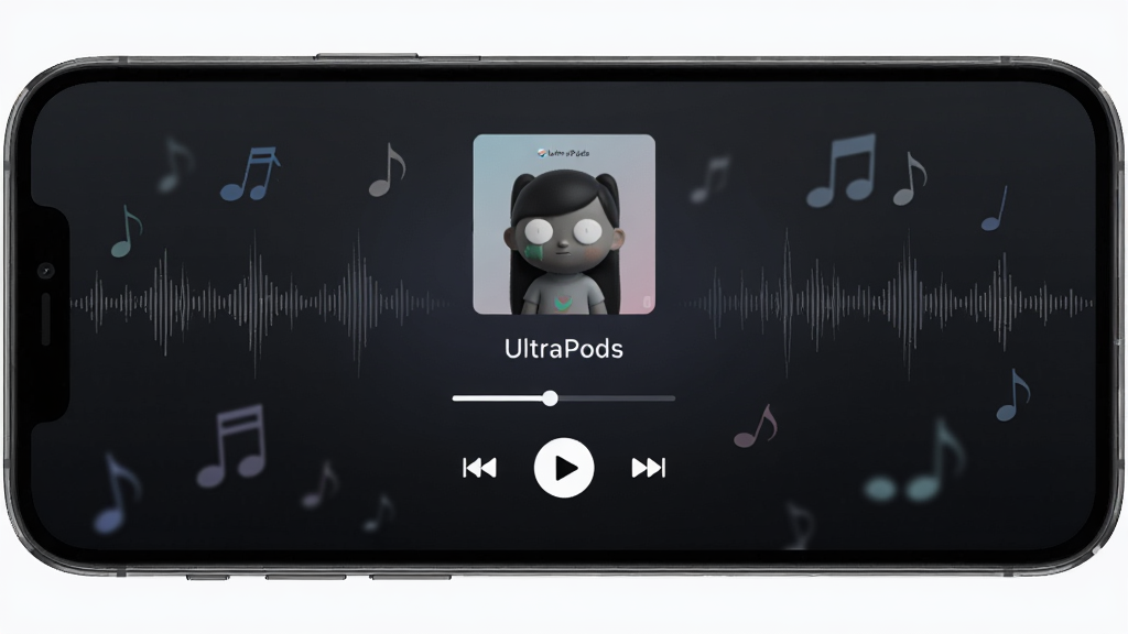 一张展现UltraPods音乐播放器主界面的手机屏幕截图,画面中央是简洁的播放控制区,包含专辑封面、歌曲名称、播放进度条与播放按钮,背景为深色渐变风格,四周点缀音符与声波元素,整体布局干净清爽,风格现代简约,细节清晰,画质高清,无多余元素