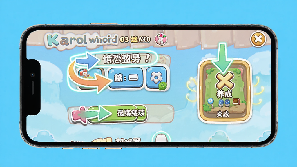 卡洛儿新世界(Karol world)新手操作引导界面展示,主体是手机屏幕显示分步指引箭头指向剧情按钮和养成入口,布局为竖屏全屏,风格采用明亮活泼的配色,细节包含高亮光圈、文字标注框、底部继续按钮,画质高清、干净、无多余元素