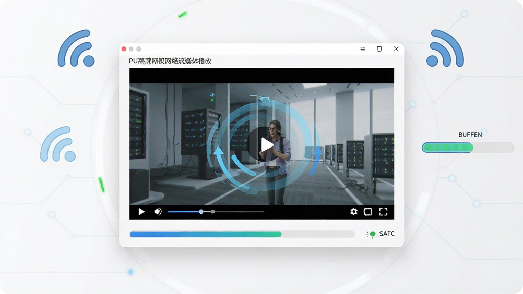 一张展示PU高清网视网络流媒体播放的图片,画面中央是软件界面,界面中显示正在播放的网络视频流,画面周围有网络信号图标和缓冲进度条,布局为居中构图,风格为现代科技风,细节包括清晰的视频画面、流畅的缓冲动画、网络状态指示,画质为高清,干净无多余元素