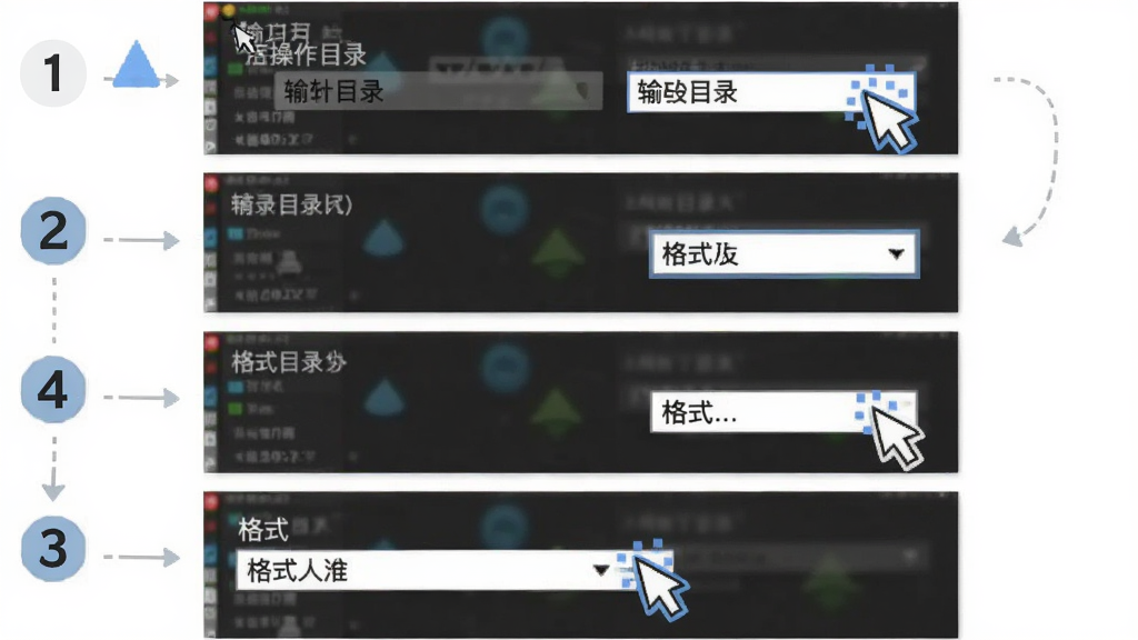 使用技巧示意图,主体为软件操作流程分步截图,布局为从上到下四个步骤排列,排版清晰带序号标注,风格为教程图解风格,细节包括鼠标点击位置高亮、输出目录选择框、格式下拉菜单,画质高清干净无多余元素
