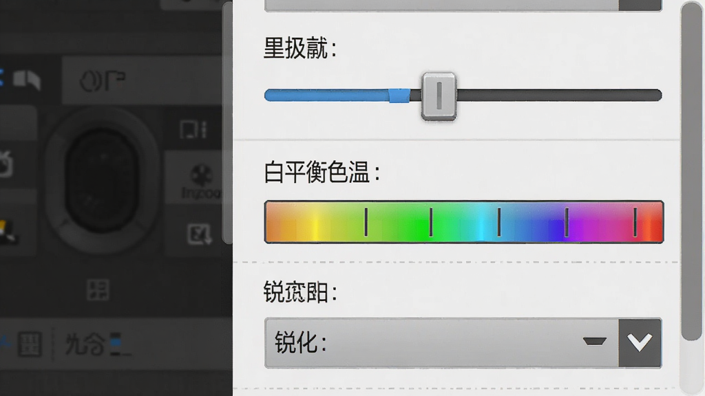 参数调节面板特写,主体为软件右侧参数设置区域,布局为垂直滑块与下拉菜单组合,排版清晰,风格为专业工具界面风格,细节包括曝光滑块、白平衡色温条、锐化数值框,画质高清干净无多余元素