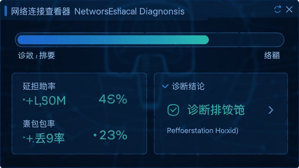 网络连接查看器进行网络诊断的示意图,主体为诊断进度条和结果展示面板,布局为上下结构,排版清晰,风格为蓝色调科技风格,细节包括延迟数值、丢包率百分比、诊断结论文字,画质高清,干净,无多余元素