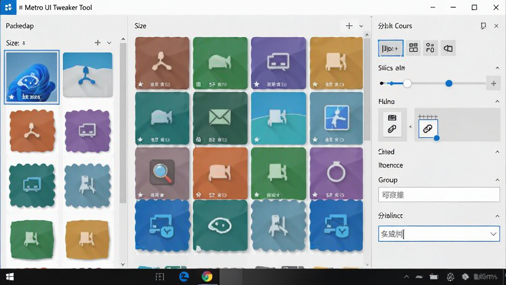 一张展示 Metro UI Tweaker Tool 软件中开始屏幕磁贴定制功能的图片,主体是软件界面中的磁贴编辑区域,布局为左侧磁贴分组列表、右侧磁贴属性调节面板,排版层次分明,风格为现代扁平化设计,细节包括磁贴大小调节按钮、图标替换选项、分组命名输入框,画质清晰,画面干净,无多余元素