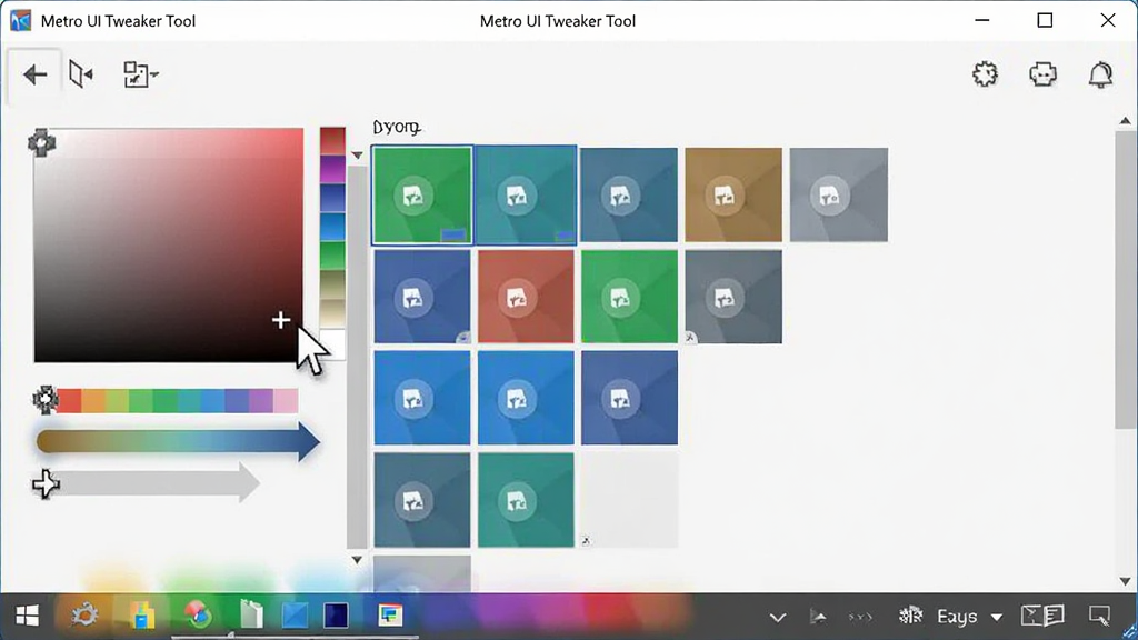 一张展示 Metro UI Tweaker Tool 软件操作界面的图片,主体是用户正在调整任务栏颜色和磁贴布局的场景,布局为软件窗口占据画面大部分区域,排版自然,风格为写实科技风格,细节包括鼠标指针悬停在颜色选择器上、磁贴预览实时变化、任务栏颜色同步更新,画质高清,画面干净,无多余元素