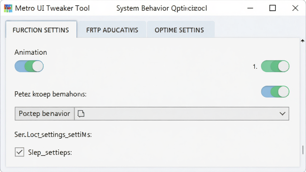 一张展示 Metro UI Tweaker Tool 软件中系统行为优化功能的图片,主体是软件界面中的行为设置选项卡,布局为上方功能分类标签、下方详细选项开关,排版简洁明了,风格为清爽浅色主题,细节包括动画开关、贴靠行为下拉菜单、锁屏设置复选框,画质高清,画面干净,无多余元素