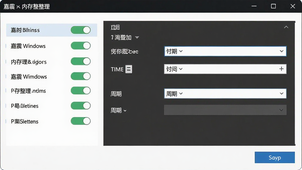 嘉震Windows内存整理设置界面展示,主体为设置面板位于画面中央,布局为左侧选项列表右侧详细设置区,排版清晰,风格为简约商务风,细节包括开关按钮、时间选择器、周期下拉菜单、保存按钮,画质清晰干净,无多余元素