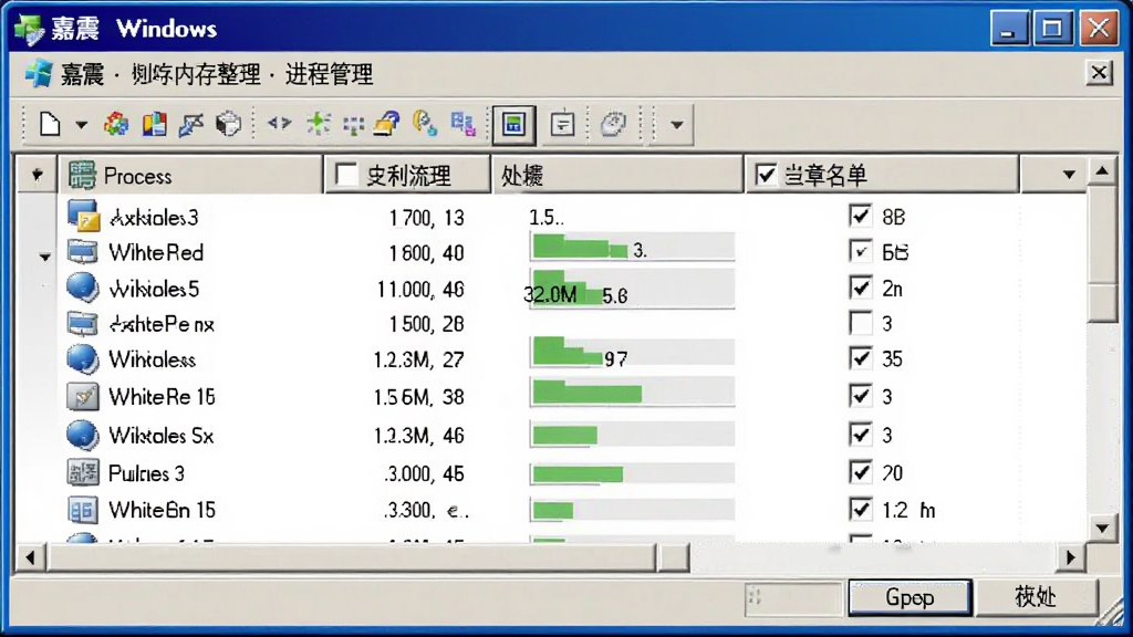 嘉震Windows内存整理进程管理界面展示,主体为进程列表窗口位于画面中央,布局为上方工具栏下方表格列表,排版规整,风格为经典Windows应用风格,细节包括进程图标、内存占用柱状图、白名单勾选框、操作按钮,画质清晰干净,无多余元素