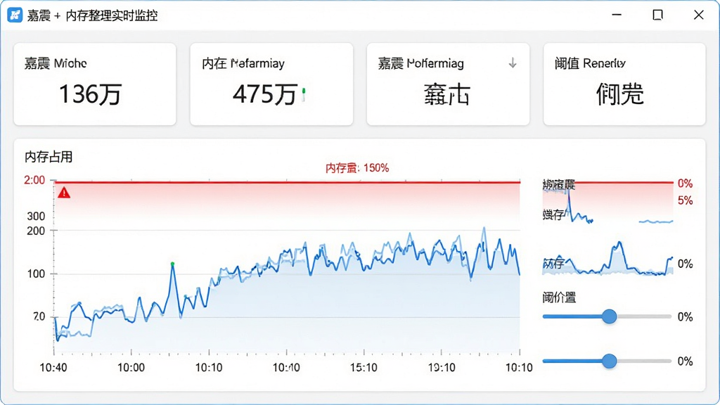 嘉震Windows内存整理实时监控面板展示,主体为监控图表区域位于画面中央,布局为上方数值卡片下方折线图,排版简洁明了,风格为数据可视化仪表盘风格,细节包括红色预警线、内存占用折线、时间轴刻度、阈值设置滑块,画质清晰干净,无多余元素