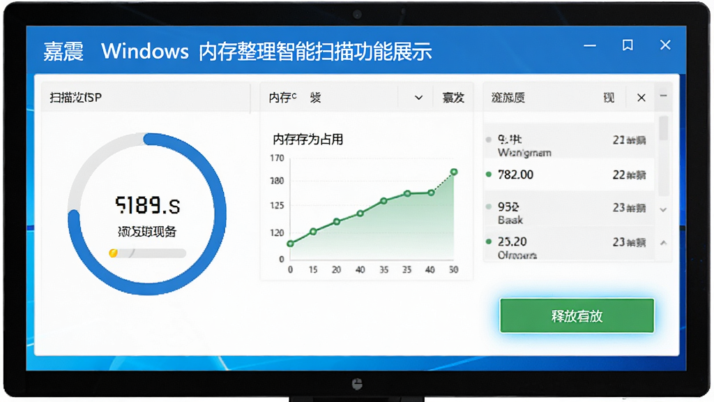 嘉震Windows内存整理智能扫描功能展示,主体为软件扫描界面位于屏幕中央,布局为上方标题栏下方数据列表,排版清晰有序,风格为扁平化科技风,细节包括扫描进度环、内存占用数值变化动画、释放按钮高亮显示,画质清晰干净,无多余元素
