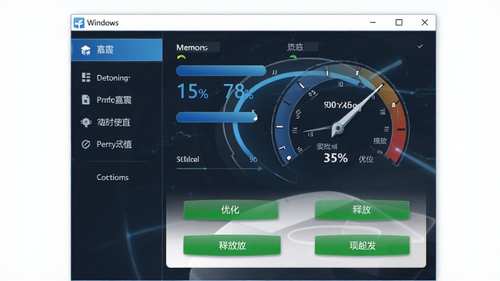 嘉震Windows内存整理软件主界面全景展示,主体为软件窗口位于画面中央,布局采用左右分栏结构,左侧为功能导航菜单,右侧为内存使用状态仪表盘和优化按钮,排版整洁对称,风格为现代科技感UI设计,细节包括蓝色渐变进度条、实时内存占用百分比数字、绿色释放按钮,画质清晰干净,无多余元素