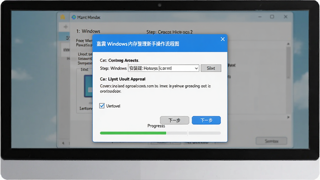 嘉震Windows内存整理新手操作流程图,主体为电脑屏幕展示软件安装向导界面,布局为居中弹窗式对话框,排版步骤清晰,风格为友好引导式UI设计,细节包括安装路径选择、许可协议勾选框、下一步按钮、进度条,画质清晰干净,无多余元素