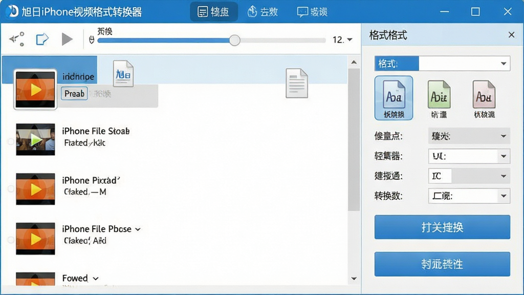 旭日iPhone视频格式转换器软件主界面全貌展示,画面中央为软件操作窗口,左侧显示视频文件列表,右侧为格式选择与参数设置面板,顶部为软件名称“旭日iPhone视频格式转换器”标题栏,整体布局清晰简洁,蓝色与白色为主色调,风格专业商务,细节包括进度条、转换按钮、格式图标等元素,画质高清,干净整洁,无多余元素