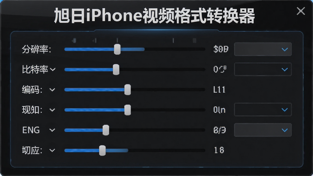 旭日iPhone视频格式转换器画质设置面板特写,画面展示分辨率、比特率、编码器等参数调节滑块与下拉菜单,软件名称“旭日iPhone视频格式转换器”显示在面板上方,整体风格精细专业,深色背景搭配蓝色高亮,画质清晰锐利,干净无多余元素