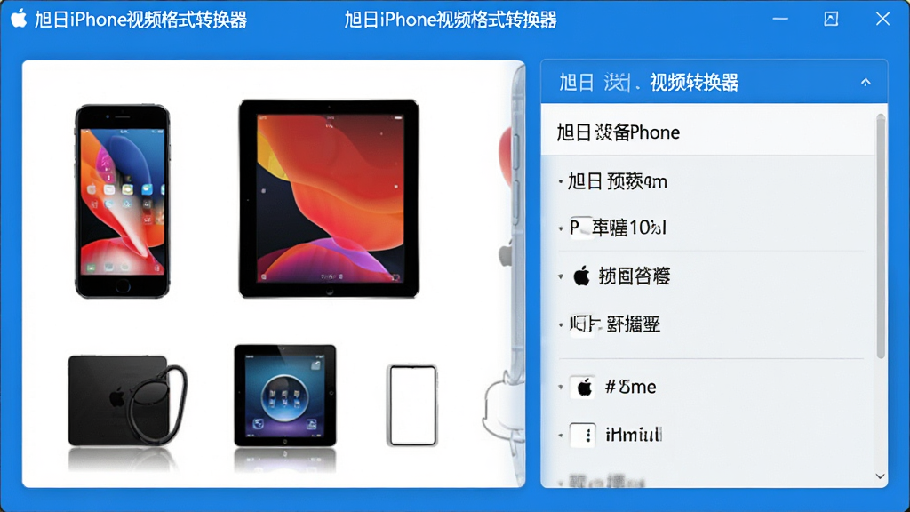 旭日iPhone视频格式转换器界面中展示苹果设备预设列表,画面左侧为设备图标排列,包括iPhone、iPad等,右侧显示对应的输出参数面板,软件名称“旭日iPhone视频格式转换器”出现在窗口标题位置,整体风格简洁现代,蓝白配色,画质清晰,干净无多余元素